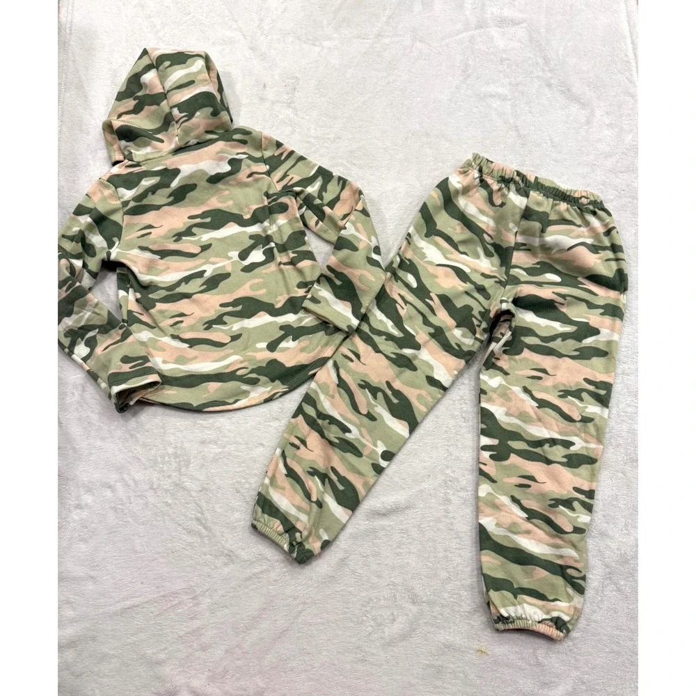 Jenna & Jessie‎ Girls Camo Hoodie and Joggers Set Pink Green Glitter Size 7
